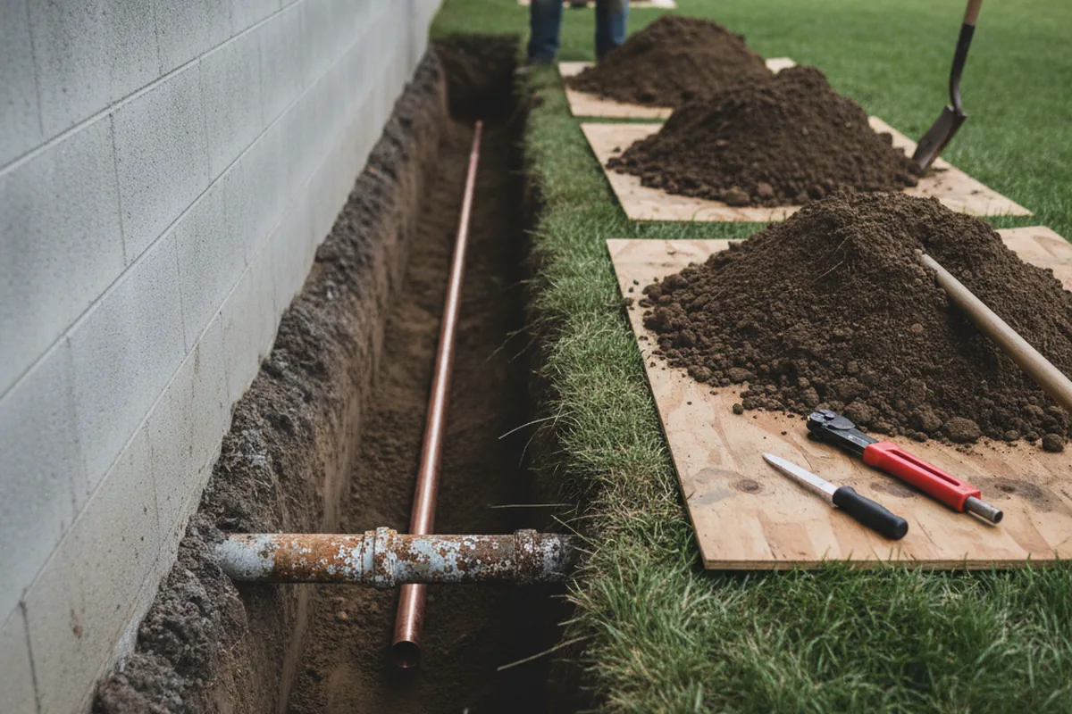 Excavated water line trench during Sewer Line Repair in Matthews